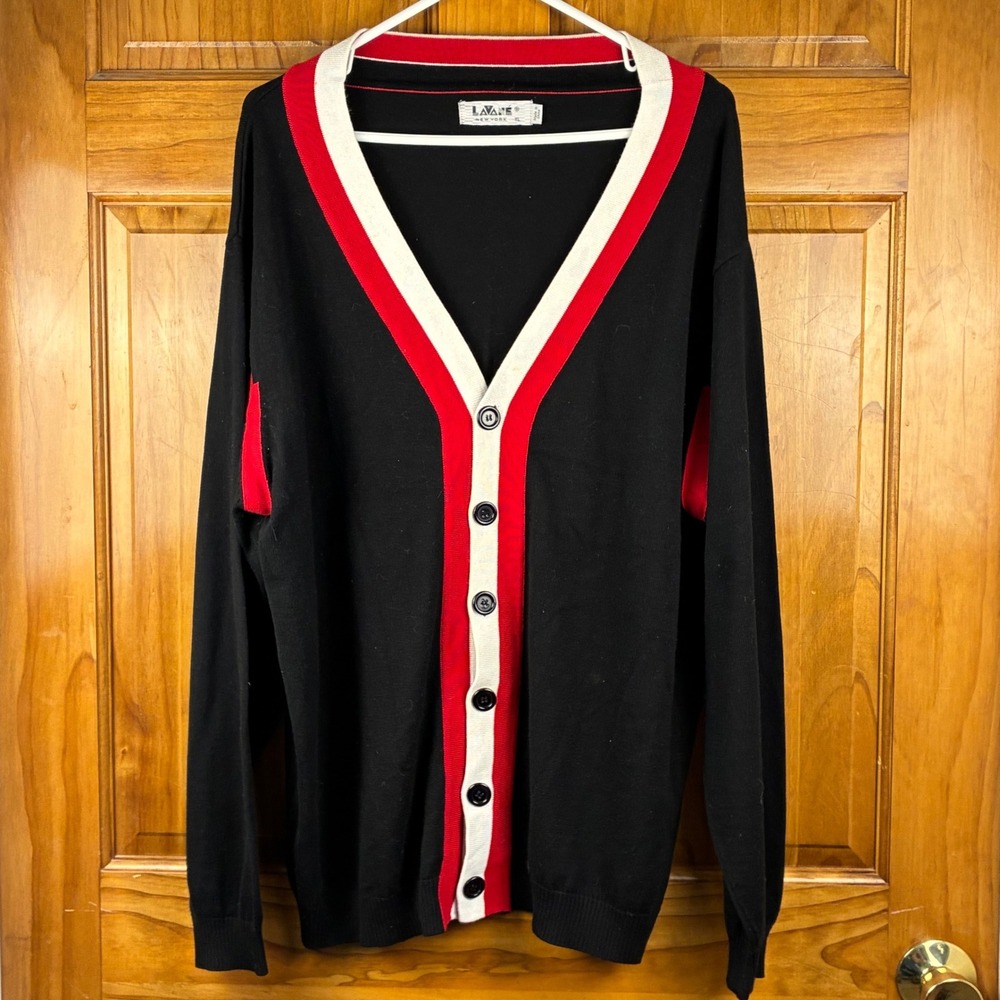 Lavane Mens XL Colorblock Cardigan Sweater Black Varsity Button Front Preppy